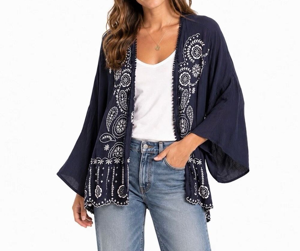 Anthropologie x A Beautiful Soul $80 Embroidered Boho Kimono Top navy blue OSFM